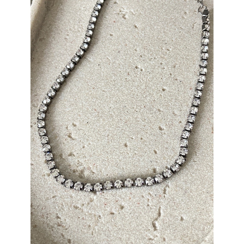 Clear Rhinestone Tennis Necklace Gunmetal Tone Adjustable Choker Bridal Grunge